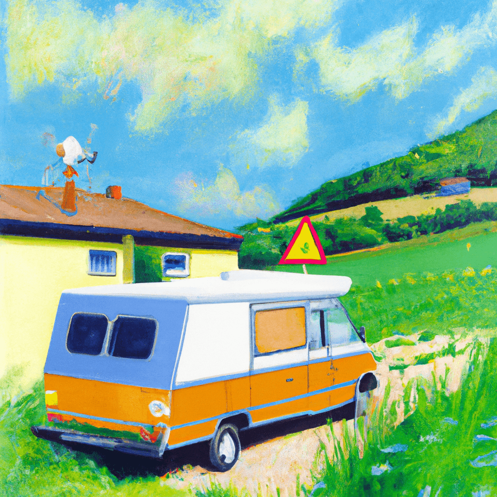 Autocaravana en Saarland, en medio de prados verdes, colinas, arroyo, casa tradicional