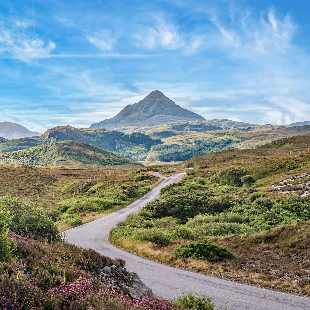 Road on Scotland's North Coast 500 with Ben Stack mountain