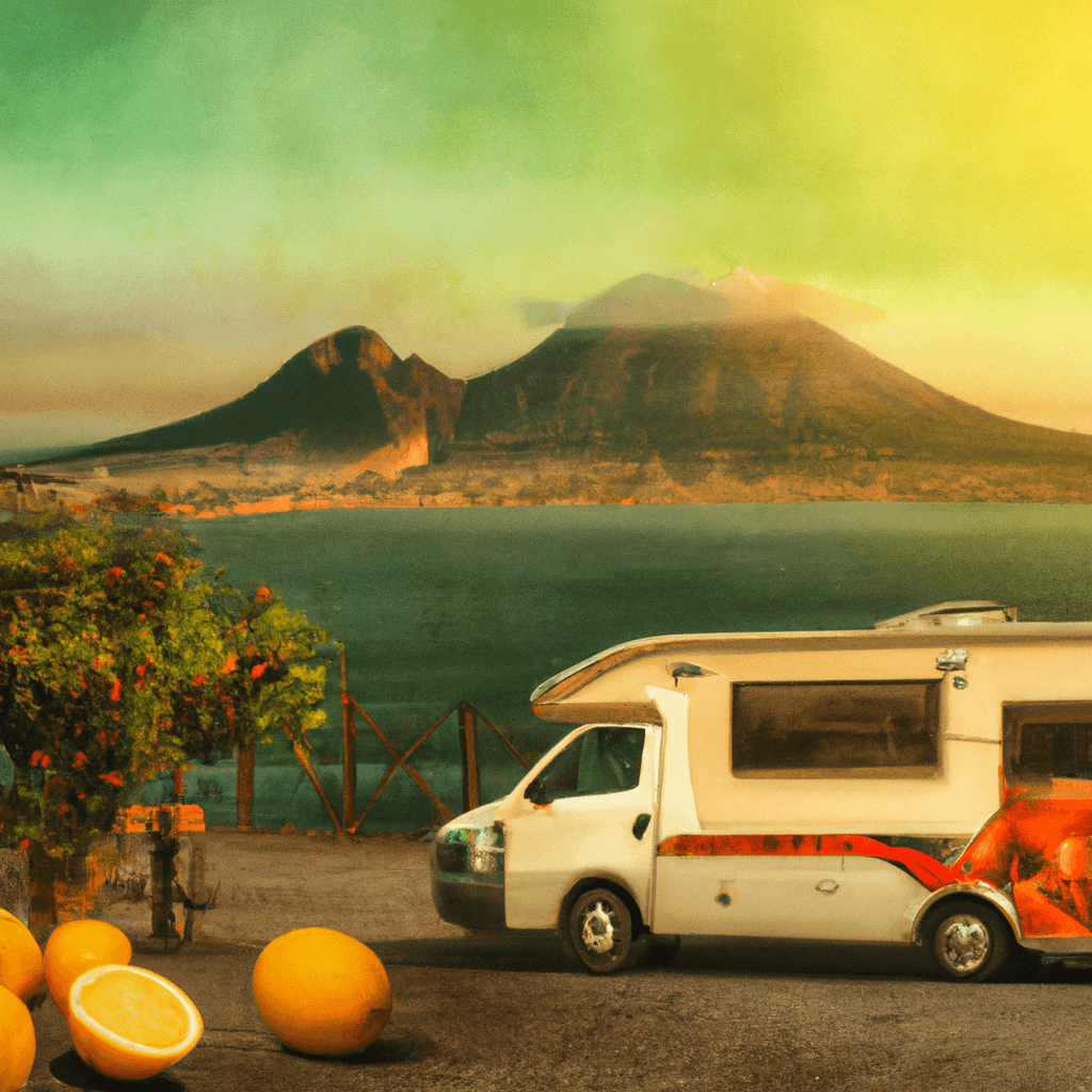 Autocaravana en paisaje napolitano vibrante con volcán y naranjos