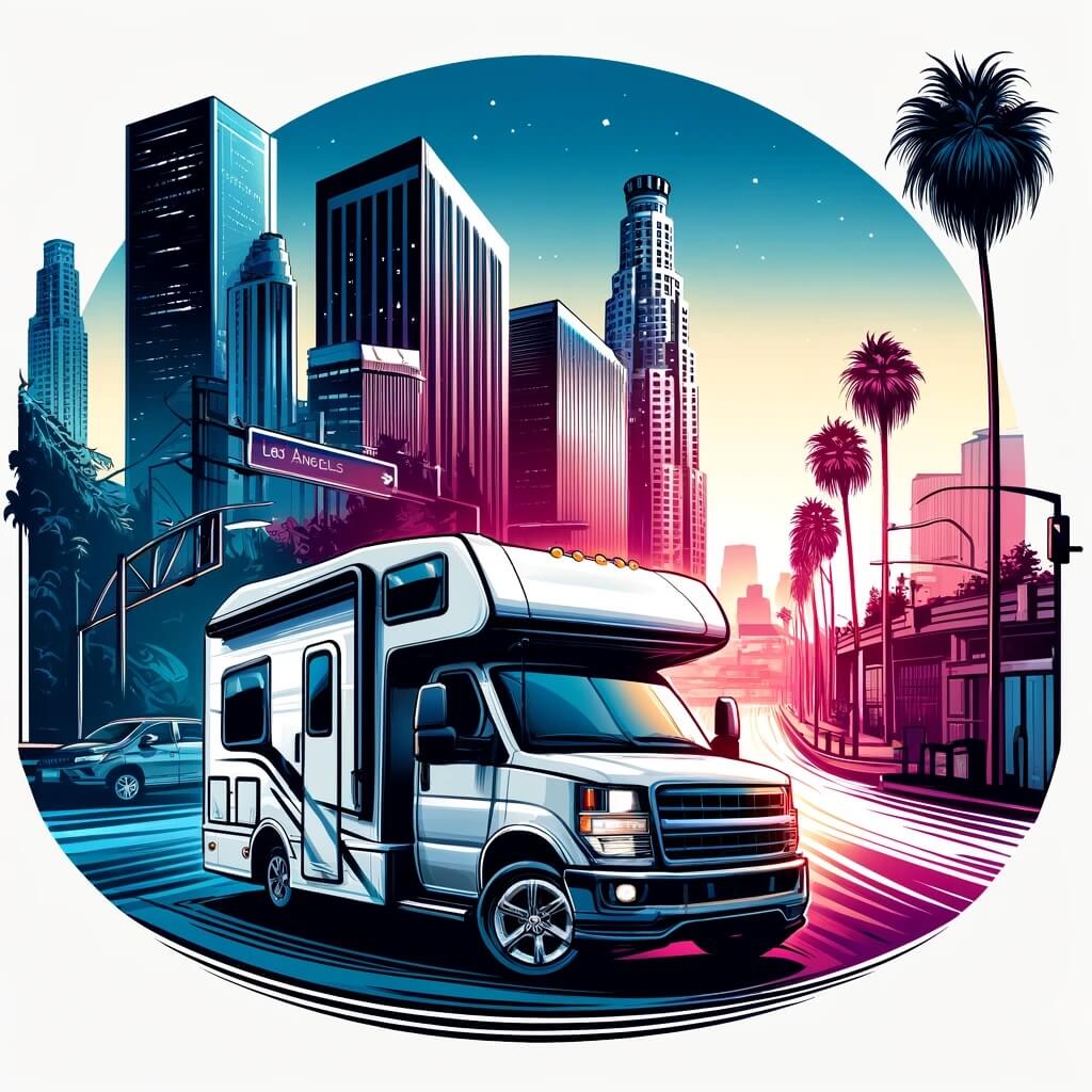 Camping-car à Los Angeles avec gratte-ciels en arrière-plan