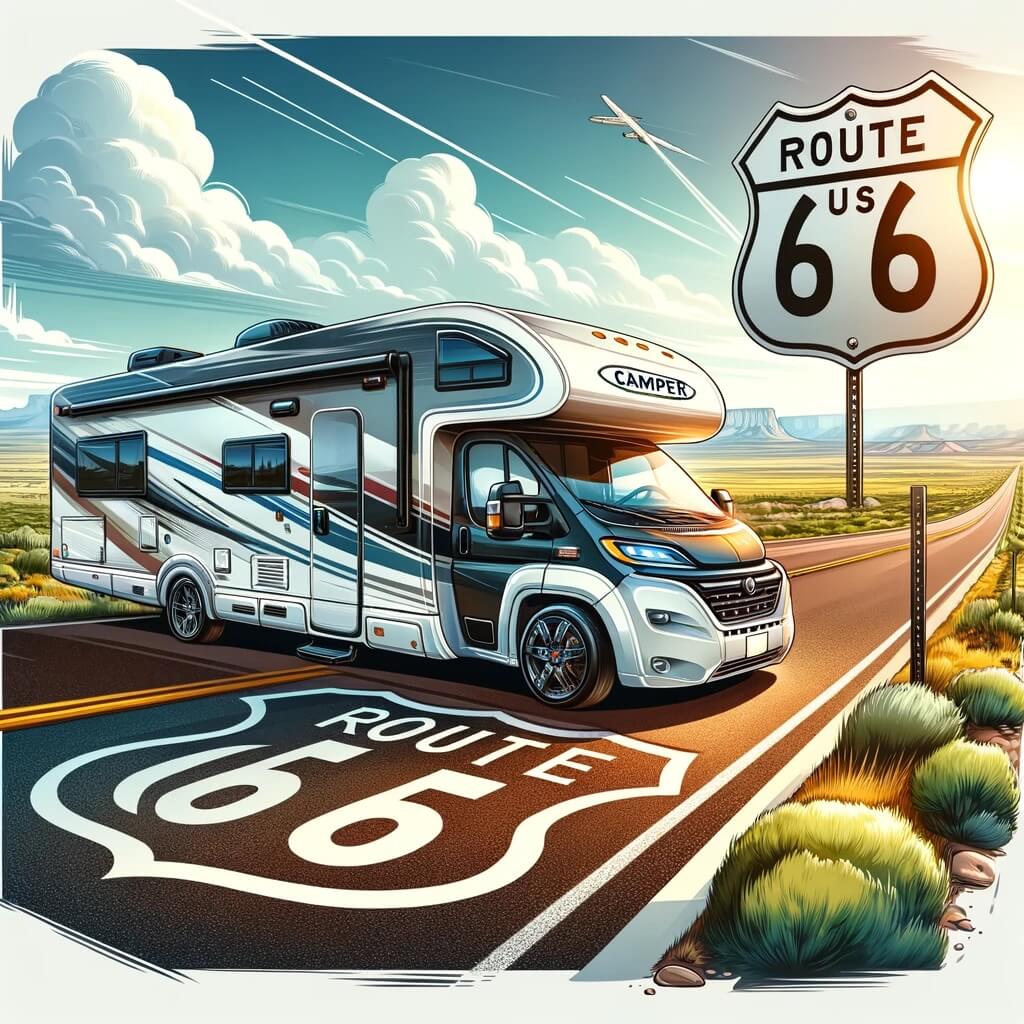 Autocarvana circulando en la ruta 66 en Estados Unidos